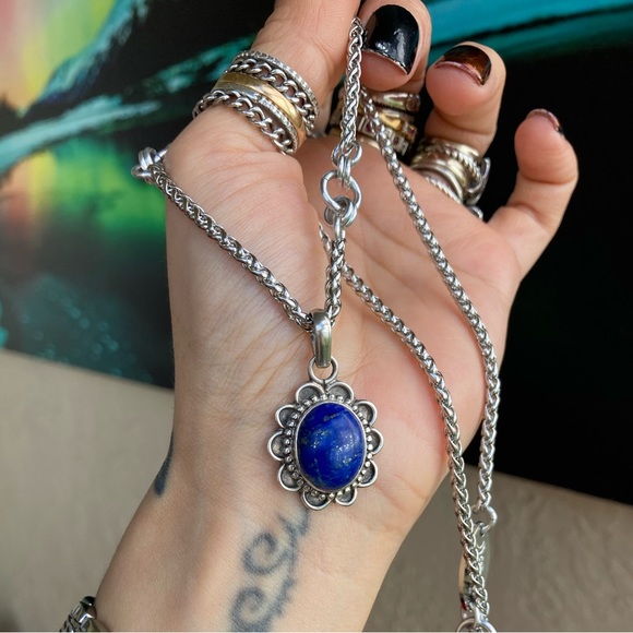 925 sterling silver lapis charm on stainless steel chain necklace boho stone - Picture 8 of 10